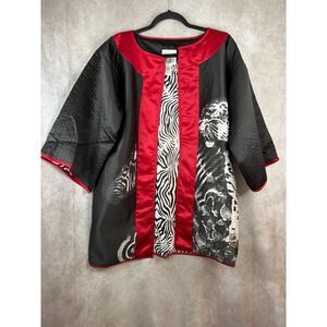 VTG Very Vollbrach‎ Black Red Animal Print Quilted Kimono Jacket Size S Zebra